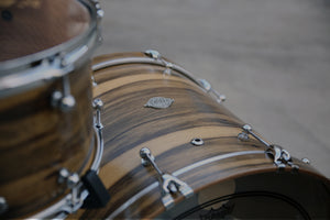 Evetts Handcrafted Bespoke Drum Kit Spotted Gum drum shells Black Limba veneer