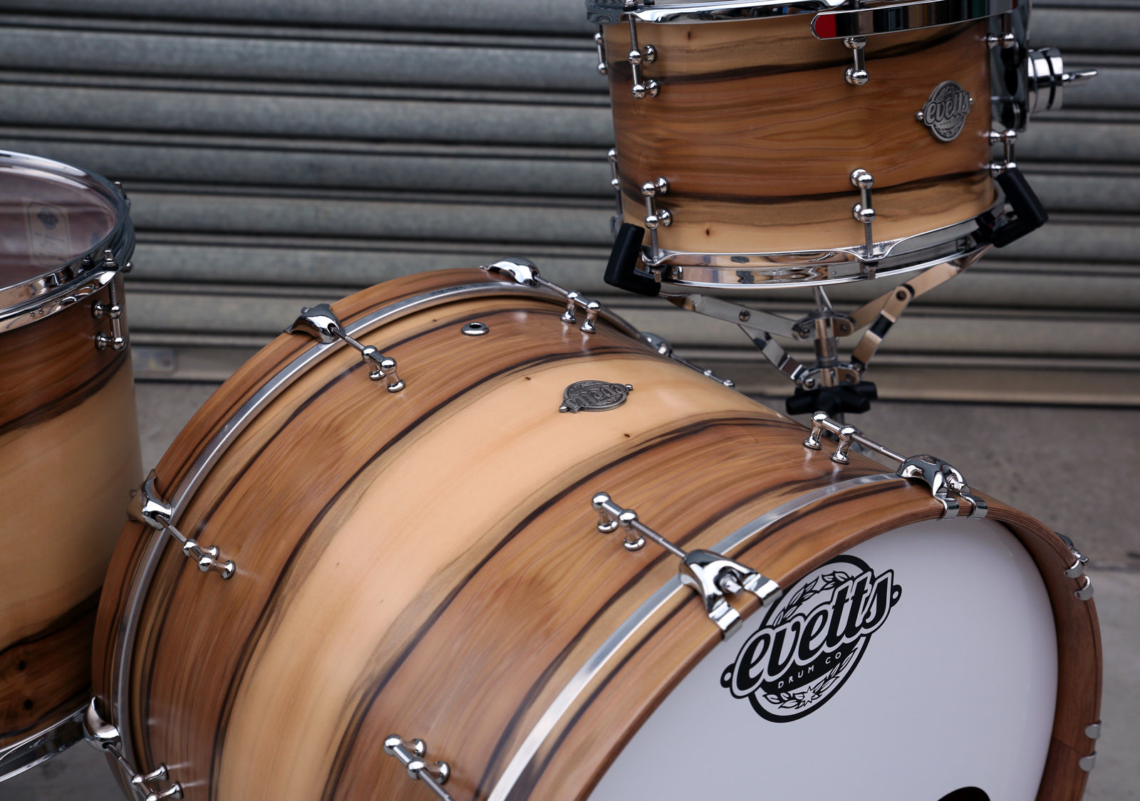 Evetts handcrafted Tasmanian Blackwood Drum Kit Blackheart Veneer