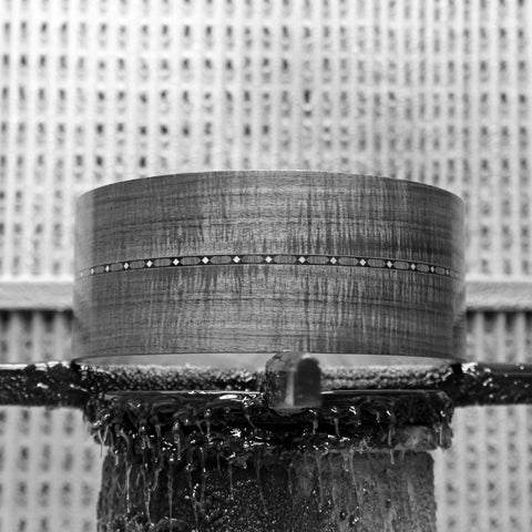 Evetts handcrafted Tasmanian Blackwood snare drum shell with inlay in spray booth